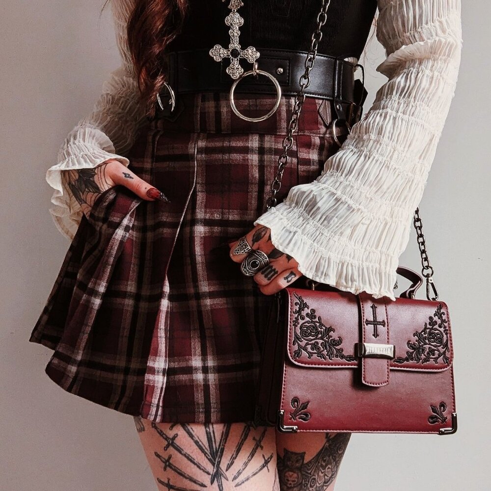 Disturbia Bramble Check Pleated Mini Skirt - Women's US 14 - Burgundy Red Plaid